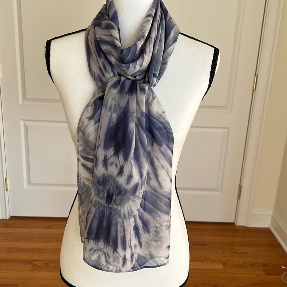 Printed chiffon scarf in shades of purple and gray